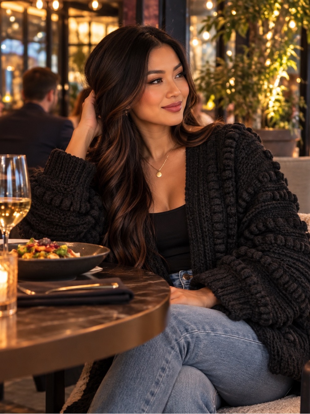 Handmade Chunky Knit Cardigan Sweater Black Heavy Textured Oversized